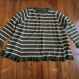 Boutique Size Small Green and White Striped Sweater with Ruffle Hem